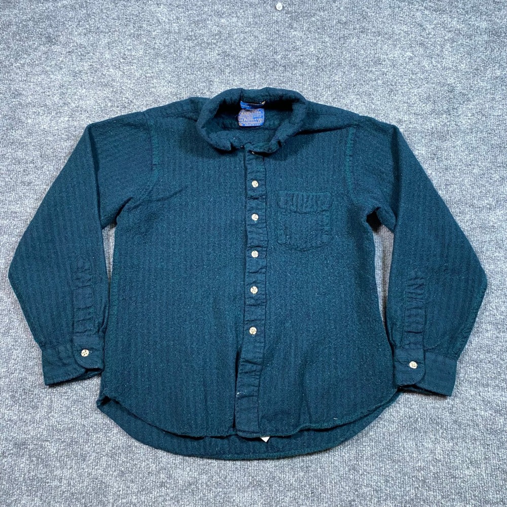 Pendleton Country Trad Wool Shirt Forest Green Herringbone Button Down XL Shrunk